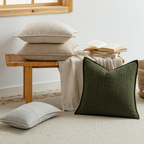 a moment Linen Pillow Covers Set of 2,Boho Farmhouse Throw Pillowcases Neutral Textured Decorative Covers for Couch Sofa,Linen Blend Accent Case Cushion Living Room Home Decor 18"x18"Dark Green