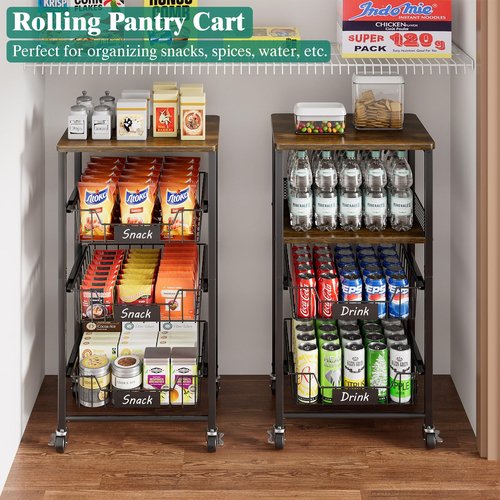 Giwil Vegetable Fruit Basket for Kitchen Pantry Organizers Storage, 4-Tier Utility Rolling Cart on Wheels with Wood Rack and Drawer Wire Baskets for Onions Potatoes Snacks, Black