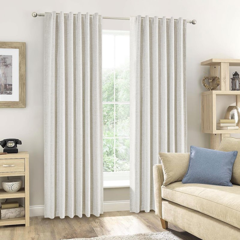 PANGSINNE Cream Linen 100% Blackout Curtains 84 Inches Long - 2 Panels Set Back Tab Drapes for Bedroom Thermal Insulated Black Out Room Darkening Window Curtain