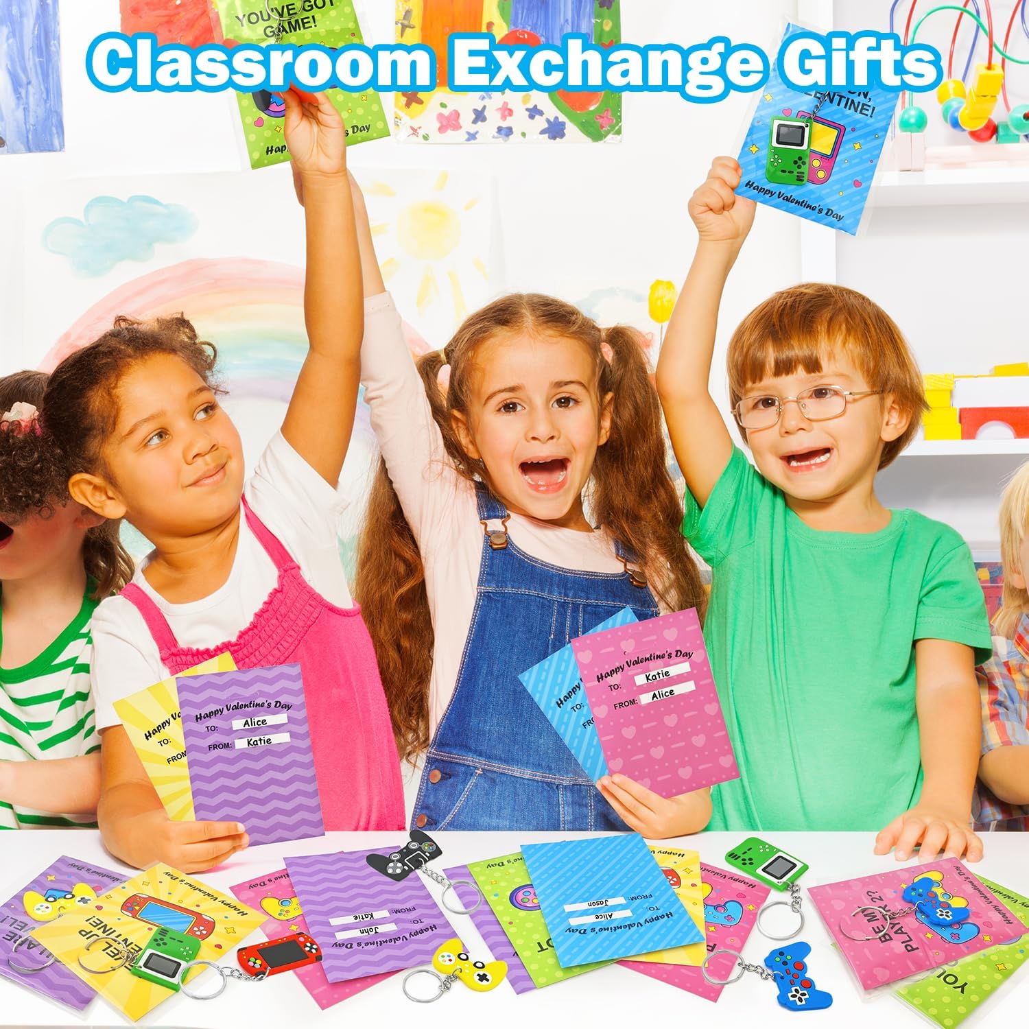 Skiennix Valentine's Non-Candy Gifts - 48 Pack Video Game Keychains & Exchange Cards for Kids