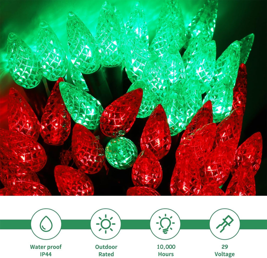 Waterglide C6 Christmas Lights - 33ft 100 LED Faceted String Lights | Waterproof Indoor/Outdoor Decor, Red & Green