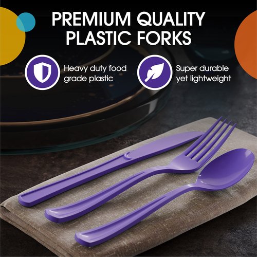 Exquisite Purple Plastic Forks 100 Pieces Purple Forks Disposable Utensils Heavy Duty Plastic Cutlery Set Disposable Cutlery Sets Party Supplies & Party Tableware