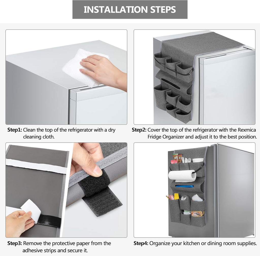 Rexmica Mini Fridge Organizer - 14-Pocket Dust Cover for Kitchen, Office & Dorm Storage | Gray