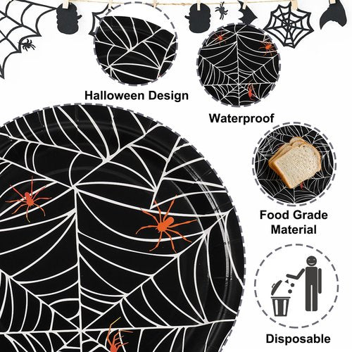Homlouue 200 PCS Halloween Plates and Napkins, Spider Web Paper Plates for Halloween Party Decoration, Serve 50, Disposable Dinnerware Set