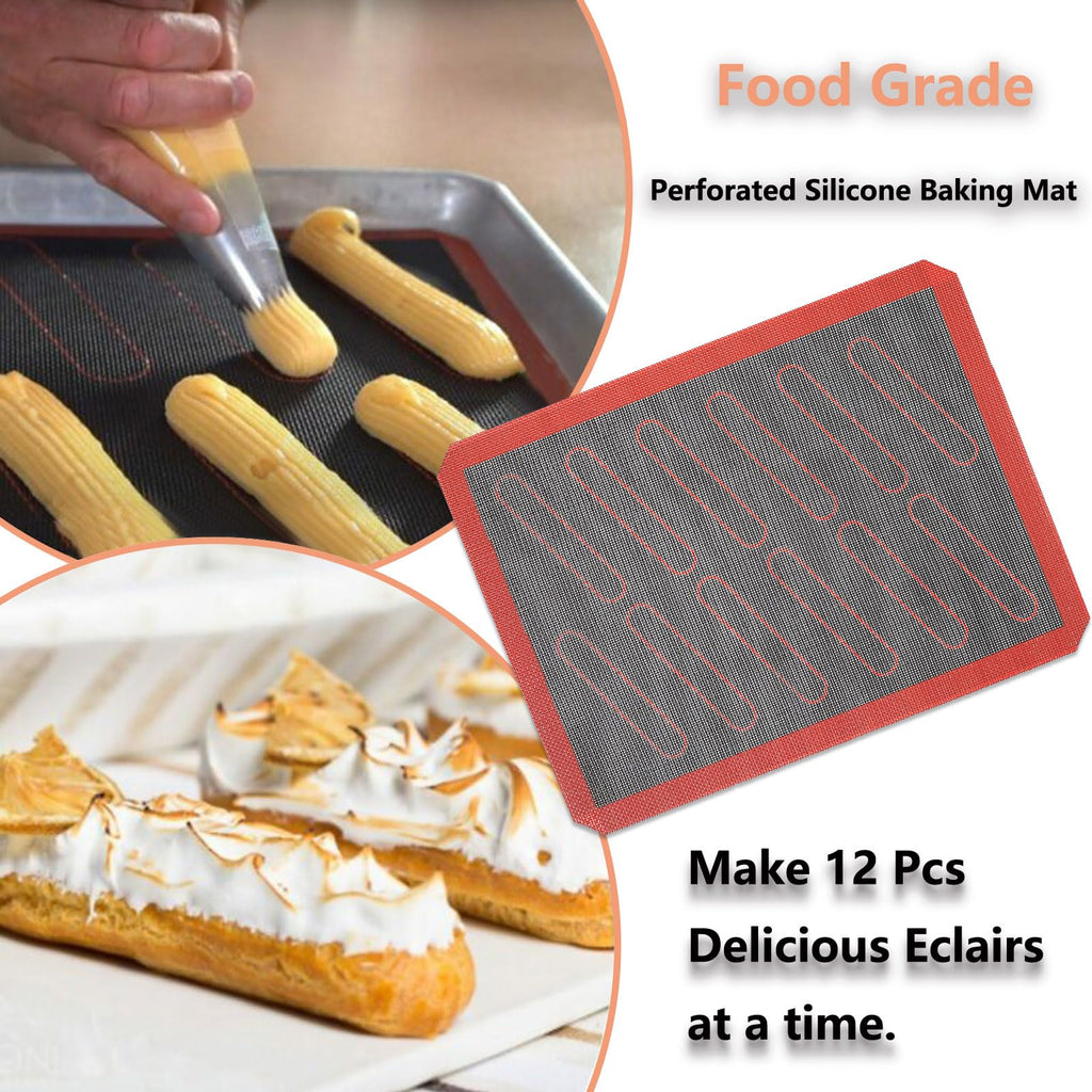 Perforated Silicone Baking Mats, 2 PCS Eclair Silicone Mat for Half Sheet with 12 Printed Oblong Eclair Guides, Non-Stick Reusable Oven Liners for Making Bread/Pizza/Pastry/Cookie 11-4/5" x 15-3/4"