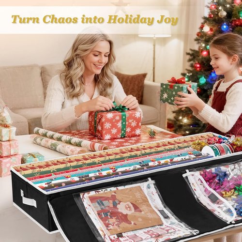 Criusia Gift Wrapping Paper Organizer - Durable Underbed Storage for 24 Rolls with Removable Dividers & Pockets | Black