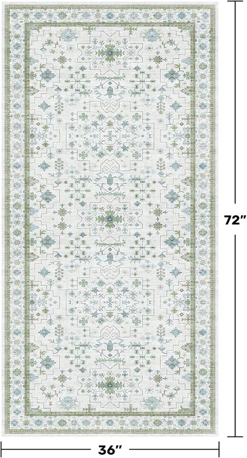 Hazo Haus Washable Rugs - Vintage Boho Floral Design in Blue and Green | 3x6 Low Pile Non-Slip Accent Rug