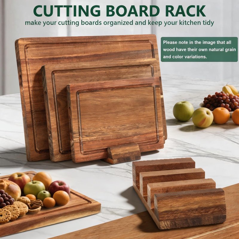 Acacia Wood Cutting Boards for Kitchen Set of 3, Chopping Board with Holder, with Deep Juice Groove Grip Handles, Charcuterie Boards, for Meat, Vegetables and Fruits and Cheese (Set B of 3)