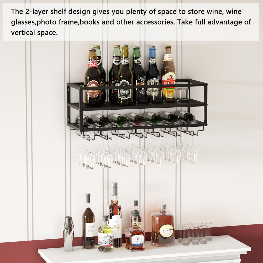 MAIKAILUN Wall Mounted Wine Rack Black with Glass Holder 30in Metal Bottle Holder Hanging Multi Functional Wine Storage Display Rack for Home Bar Dining Room Kitchen (Black, 2-Tier)
