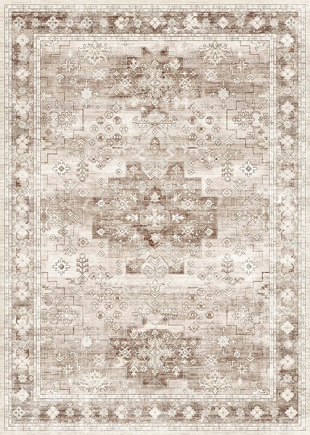 Regine Switzerland Washable Farmhouse Living Room Rug - 9x12 Large Boho Vintage Non-Slip Carpet in Beige/Latte
