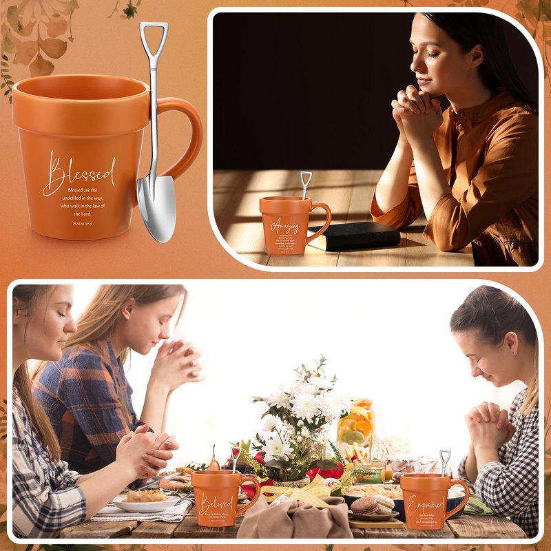 Reallnaive 12 Pcs Mother's Day Christian Gifts for Women 11oz Flowerpot Bible Verse Coffee Mugs with Shovel Spoons Bulk Religious Gifts for Mom Grandma Church Pastor Sunday School Teacher Team(Pray)
