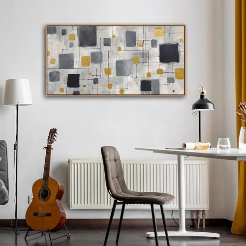 KLAKLA Modern Abstract Wall Art Poster - Unframed Black, Gold & Gray Decor for Living Room | 40x20 Inches