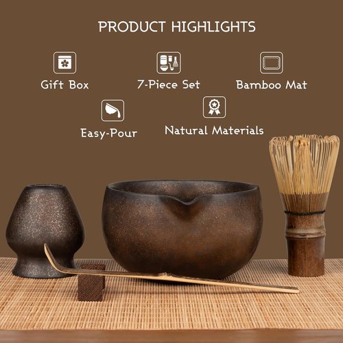 Matcha Maiden 7-Piece Matcha Whisk Set - Handmade Bowl, 100-Prong Bamboo Whisk & Complete Accessories