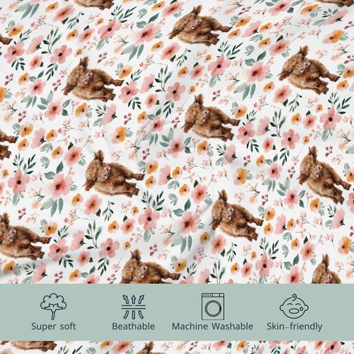 HawSkgFub Highland Cow Boho Floral Changing Pad Cover for Baby Girls, Western Farm Animal Retro Flower Diaper Change Table Covers, Soft Stretchy Safe Snug Fitted Changing Mat Sheet Fit 32"/34" x 16"