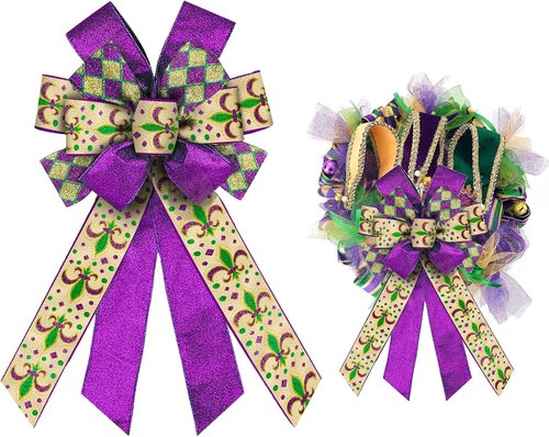 ALIBBON Large Mardi Gras Bows - Flaxen Fleur de Lis & Glitter Purple for Wreaths & Door Decor