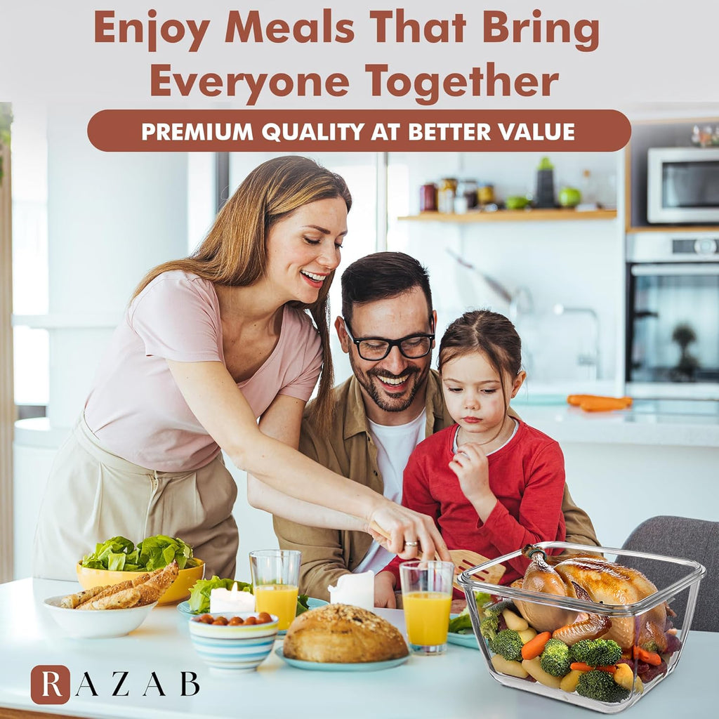 Razab Large Glass Food Storage Containers - 17 Cups | 132 Oz | Leakproof & BPA-Free for Meal Prep