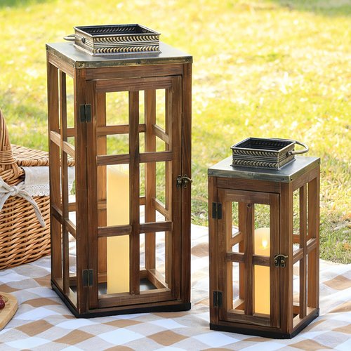 DECORKEY Rustic Wooden & Metal Lantern Set of 2 - 28''/20'' H Decorative Indoor/Outdoor Candle Holders