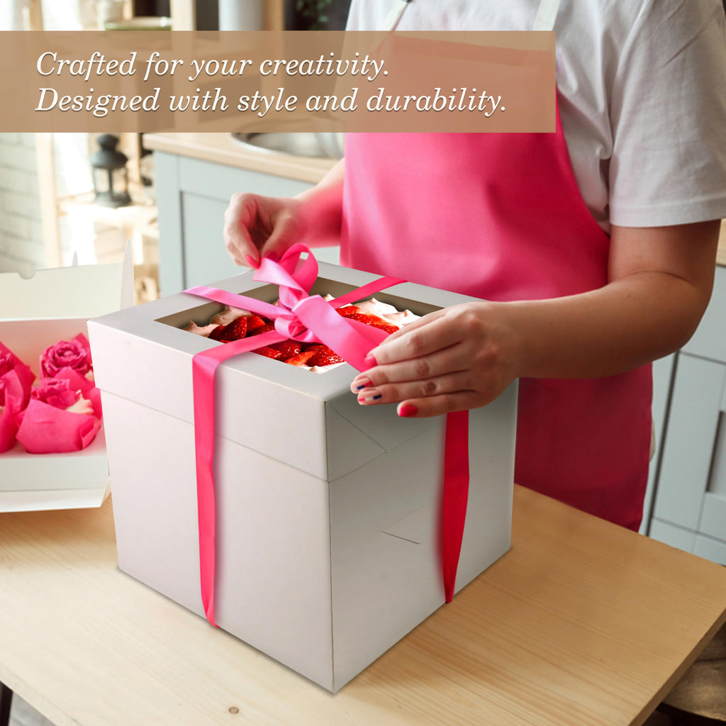 Cakebon Cake Boxes with Boards - 8 Inch Round Cake Drum White (3-pack) - Box With Window for Birthdays, Weddings and Parties