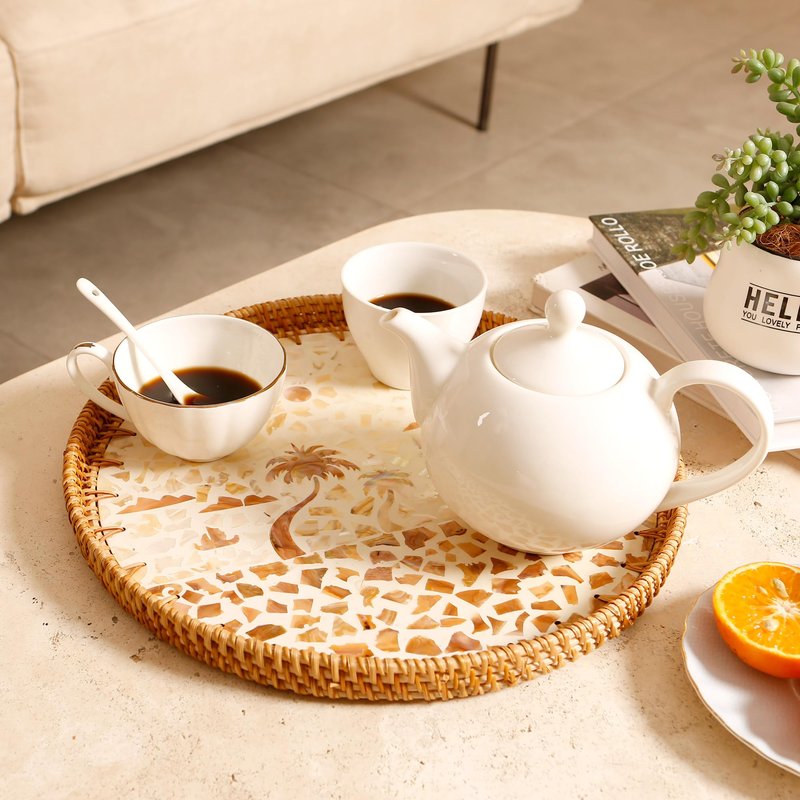 Round Rattan Tray with Mother of Pearl Inlay & Wooden Base - Decorative Wicker Serving Tray for Coffee/Bread/Fruits, Food Storage & Display - Multipurpose Home Decor (L,Island)