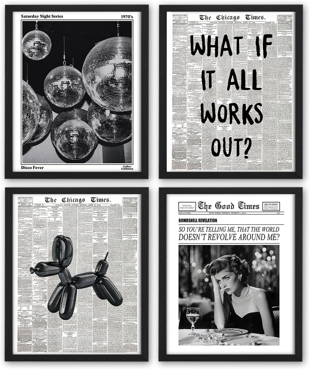 NaZaUK Funky Retro Y2K Wall Art - Black & White Newspaper Prints Set of 4 for Trendy Bedroom Decor | 8x10 Unframed