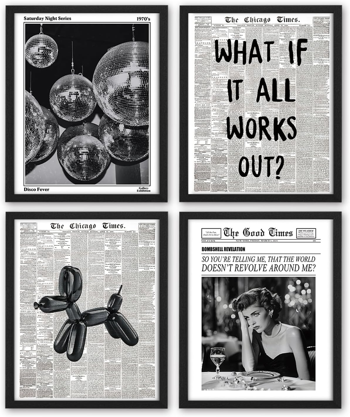 NaZaUK Funky Retro Y2K Wall Art - Black & White Newspaper Prints Set of 4 for Trendy Bedroom Decor | 8x10 Unframed