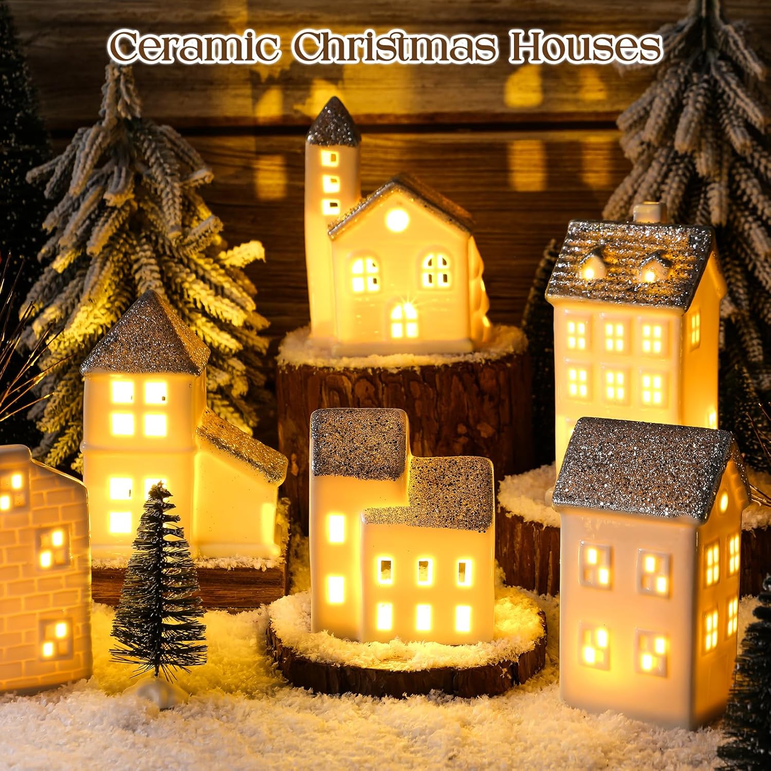 Zubebe Christmas Village Set - 30 Pcs LED Porcelain Holiday Houses | Silver Indoor Decor