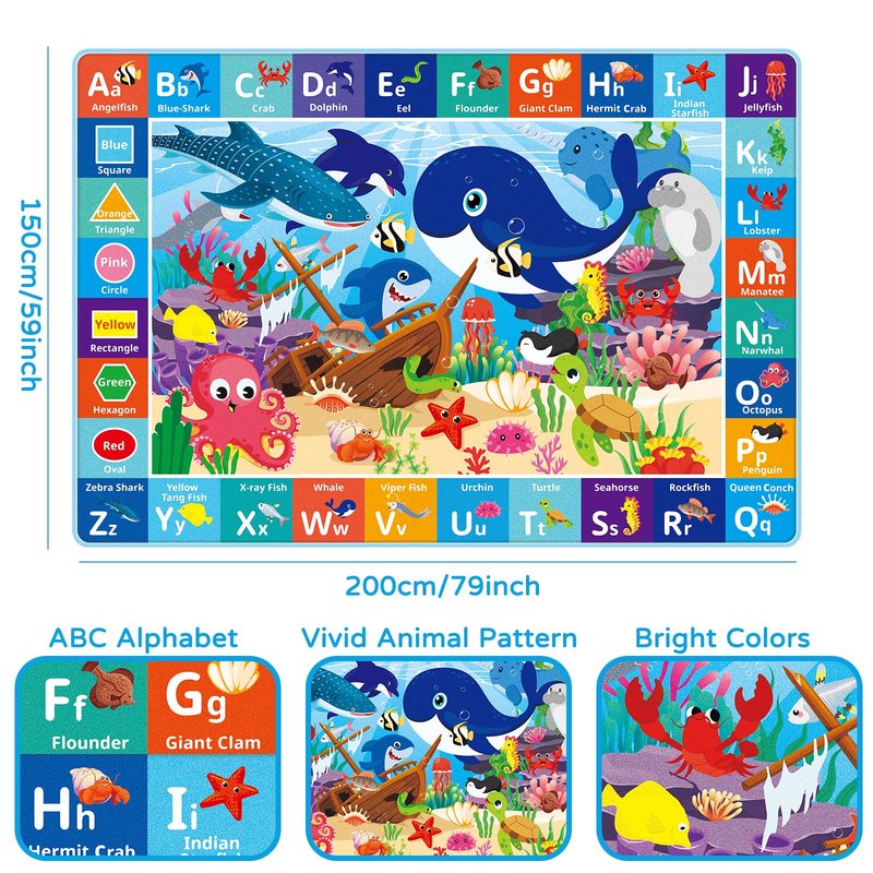 LTKOUGFAM Baby Play Mat for Floor, ABC Kids Play Mat, Sea Animals Kids Rugs for Girls and Boys Playroom, Foldable Rug for Baby Toddler Infants Crawling Playing (Blue, 78.7X59 INCH)