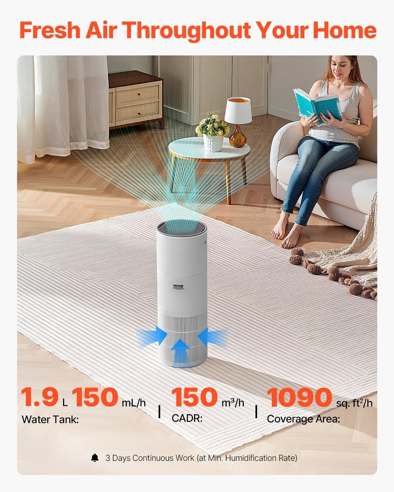 VEVOR 2 in 1 Air Purifier with Humidifier, Covers Up to 1090 ft² in One Hour, True HEPA 11 Filter, 22dB Quiet, Filters Up to 95% of Smoke, Dust, Pet Dander, Air Cleaner for Home, Large Room, Bedroom
