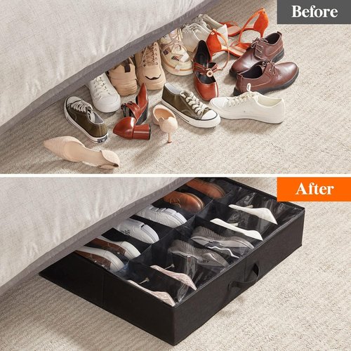 Lifewit Under Bed Shoe Storage Organizer - Set of 2 Foldable Fabric Boxes | Fits 24 Pairs, Black