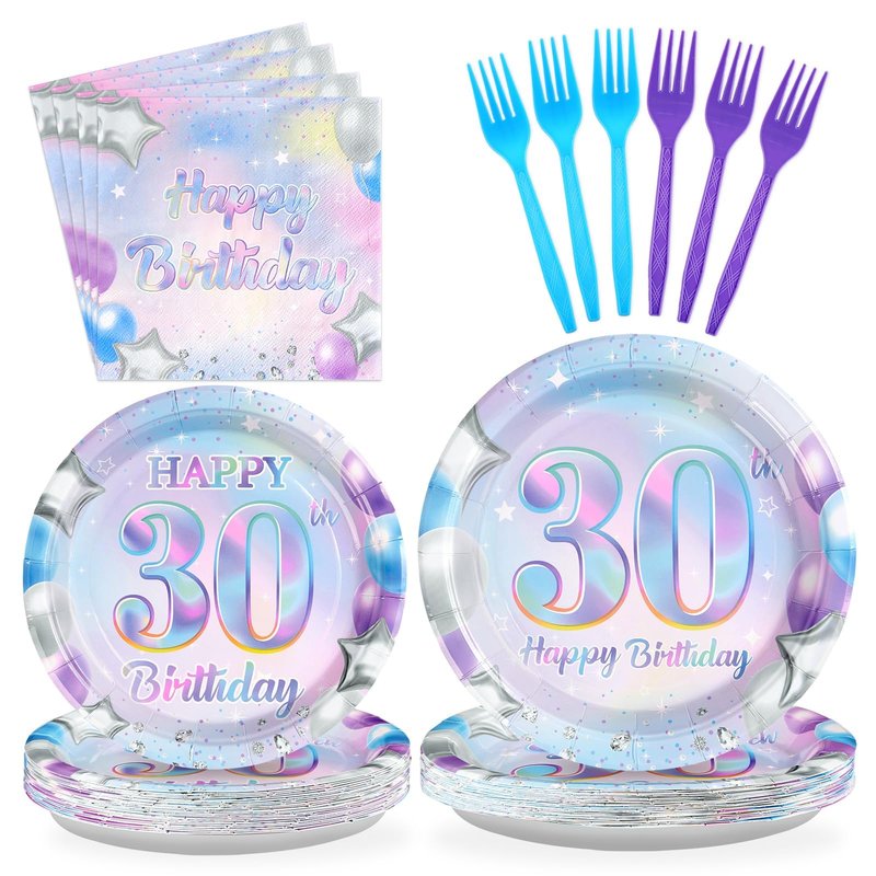 Grencian 96Pcs 30th Birthday Decorations Iridescent 30th Birthday Party Plates Disposable 350GSM Sweet 30 Years Paper Tableware Set for Women 30 Years Old Party Supplies Serves 24