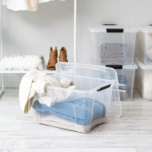 IRIS USA 40 Qt Stackable Plastic Storage Bins - BPA-Free, Durable Nestable Containers, Clear | 4 Pack