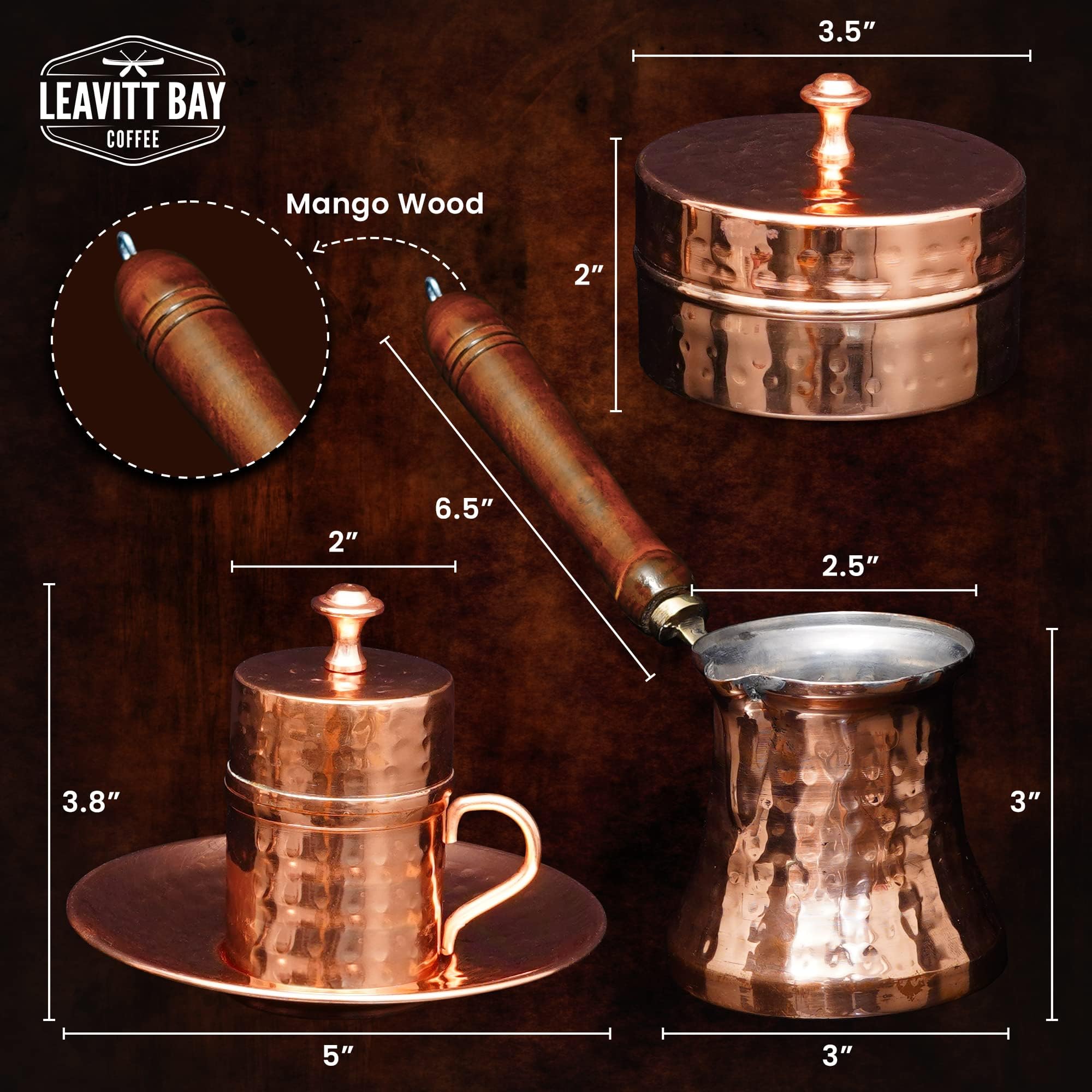 Turkish Coffee Set – Turkish Coffee Maker Set w/ 2 Cups, Sugar Dish, & Copper Pot (Cezve) – Traditional Gifts for Latte Lovers - 7oz