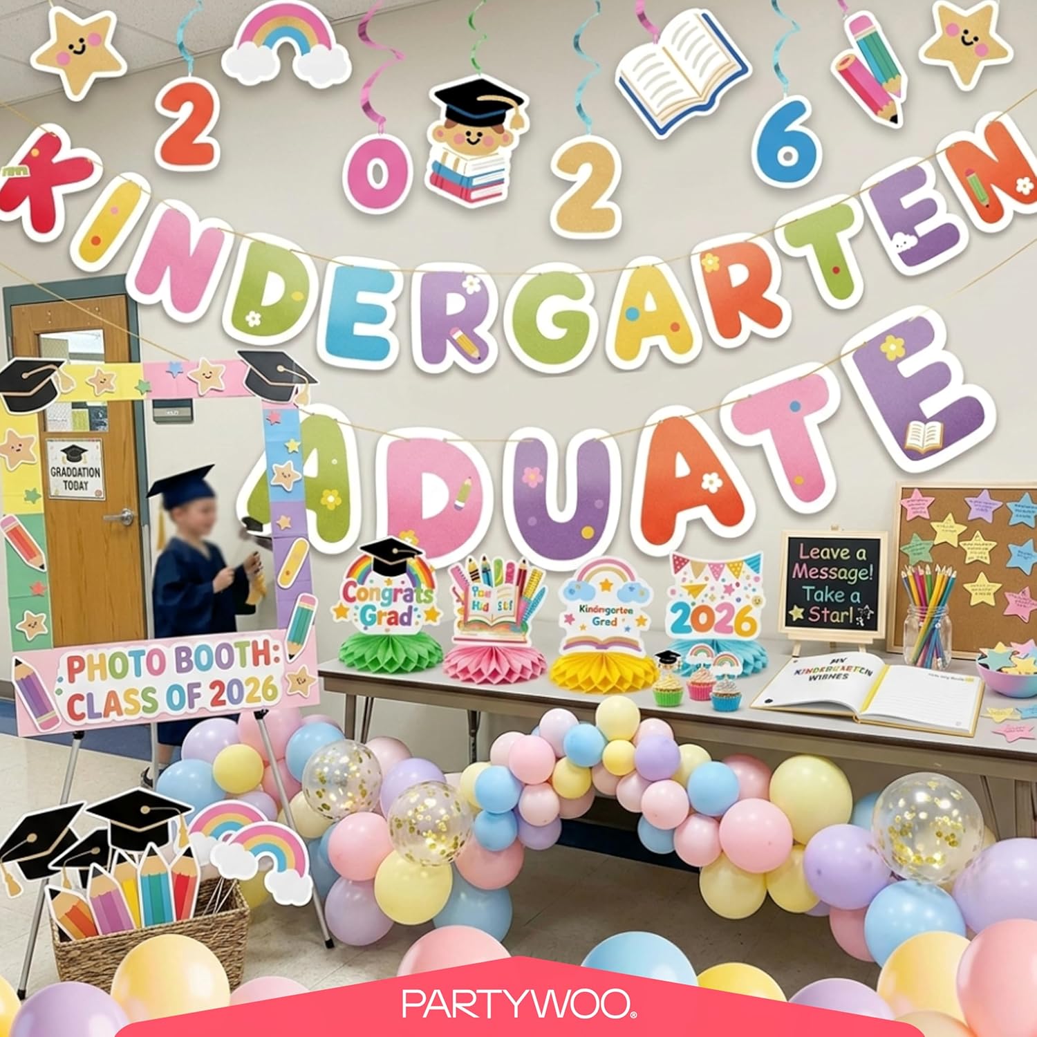 PartyWoo Graduation Decorations 2026 - Colorful Rainbow 40pcs Set with Congrats Grad Banner & Balloons
