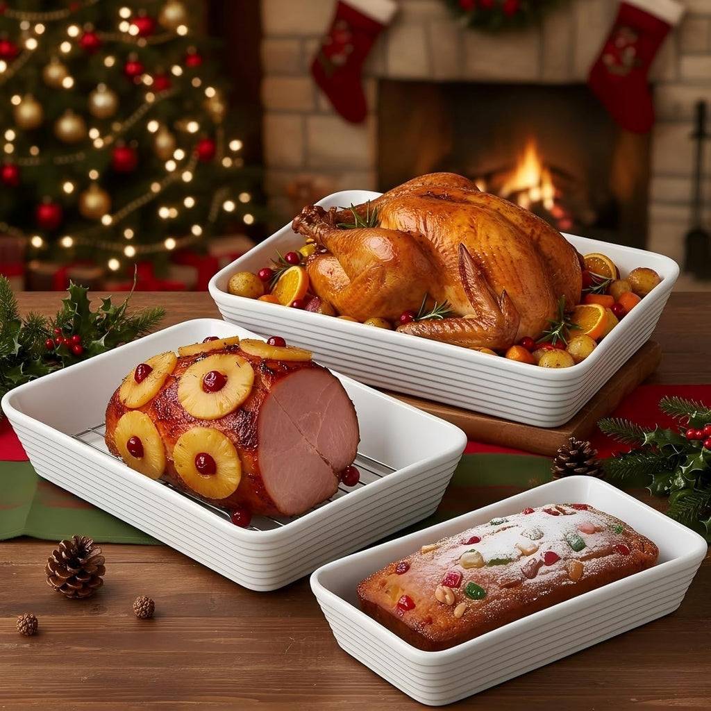 ONEMORE Baking Dishes - Large 9x13 Ceramic Casserole Set with Roasting Racks | 3QT, 2.1QT, 1.3QT Sizes