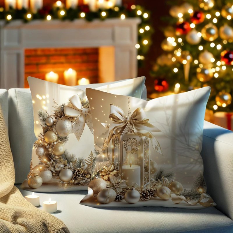 Winter Christmas Pillow Covers Set of 4, Elegant Luxury White Gold Balls Ornament Wreath Throw Pillows Case, Cozy Gift Box Festive Decorative Square Home Sofa Bed Couch Accents Covers 18x18 Inch