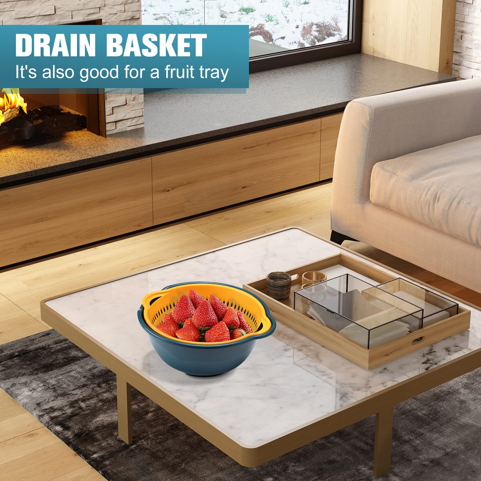 LRECNOM 6 Pieces Colander with bowl, Food Strainer for Pasta Veggies and Fruits, BPA Free, Dishwasher Safe (blue)