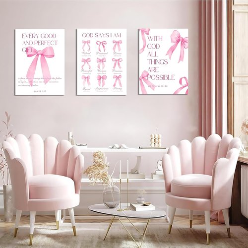 Coquette Pink Bow Wall Art - Inspirational Bible Verses Canvas Posters | Set of 3, 12x16 Inch Decor for Teen Girls