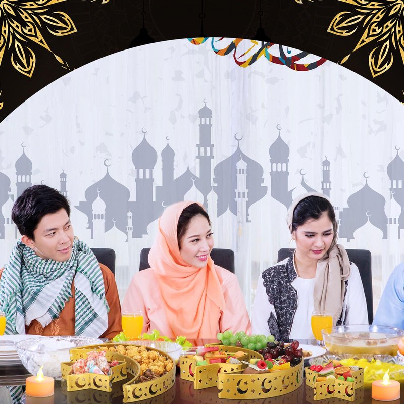 Seeloowy 4 Pcs Eid Mubarak Trays Decor Ramadan Moon Serving Trays Star Islam Muslim Food Serving Tray Iron Tray Decorations for Ramadan Islam Party Dessert Pastry Display Holder Decoration