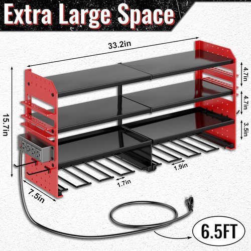 Large Power Tool Organizer by [Brand Name] - Heavy Duty Wall Mount with Charging Station & 8 Drill Holders | Red