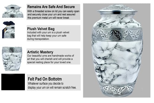 Handcrafted Urn for Ashes Adult Male and Female - Cremation Urns for Human Ashes Adult Man and Woman - Decorative Funeral Urns - Memorial Urn with White Marble Finish - Includes Velvet Bag - Large