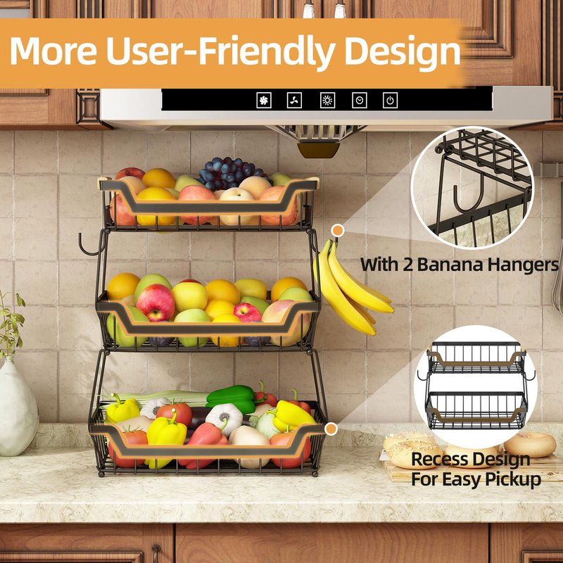 GILLAS 2 Tier Countertop Fruit Basket with 2 Banana Hangers for Kitchen, Detachable Metal Organizer for Bread Vegetable Fruits with Wooden Handle, Large Capacity Rectangular Storage Stand Bowls, Black