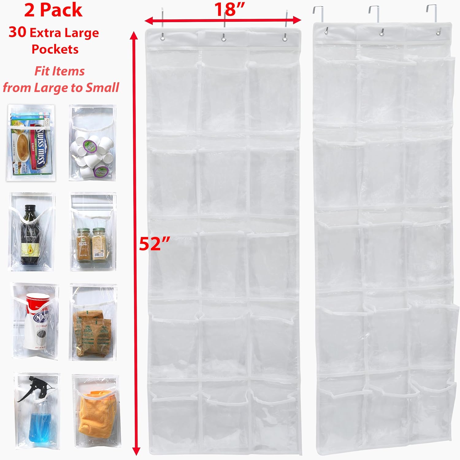 Simple Houseware Over The Door Pantry Organizer - 2-Pack Clear Storage with 15 Pockets (52" x 18")