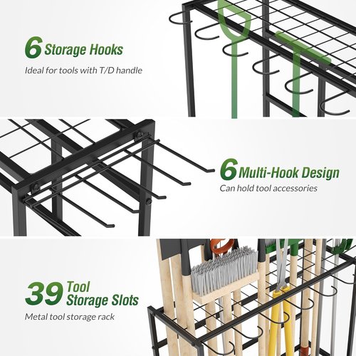 Heavy-Duty Steel Garden Tool Organizer Rack by [Brand Name] - Mobile Storage for Up to 39 Tools | 12 Hooks & Broom Holder, Black