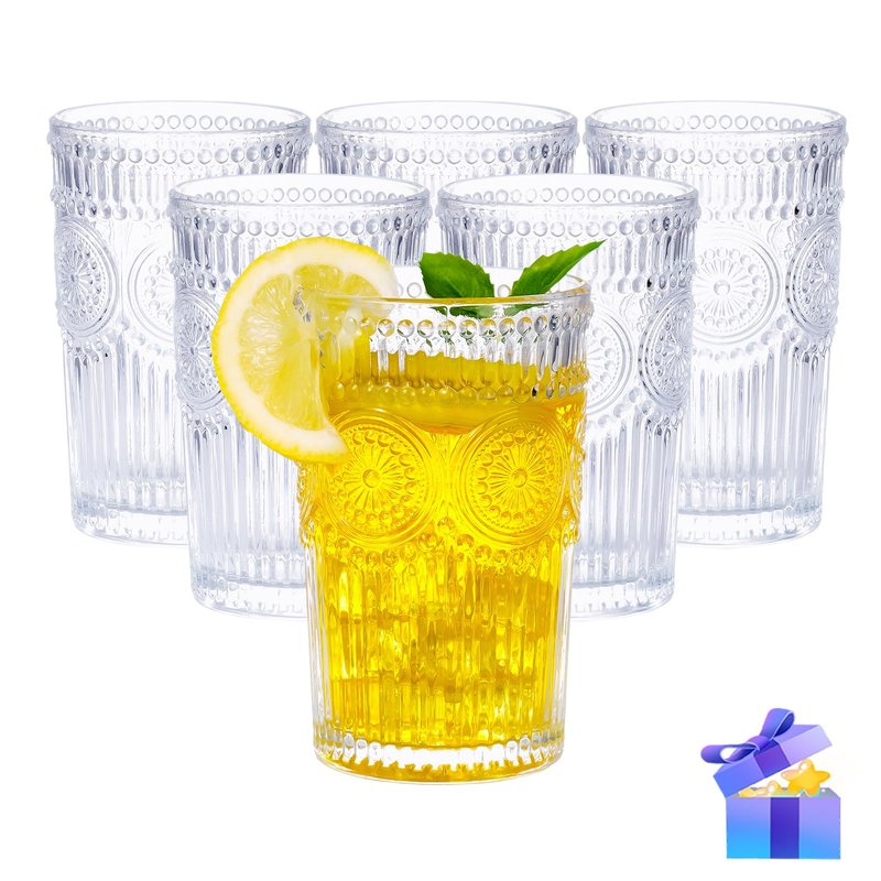 Vintage Glassware Romantic Drinking Glasses - 12 oz Cocktail Glasses Set of 6 Embossed Water Glasses Drinking Perfect Glass Cups for Coffee, Cocktails, and Beverages Dishwasher Safe Ideal Gifts