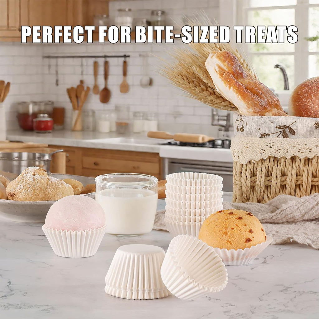 Skiennix White Cupcake Liners - 500 Count Mini Baking Cups | No Smell & Grease-Proof Food Grade Paper