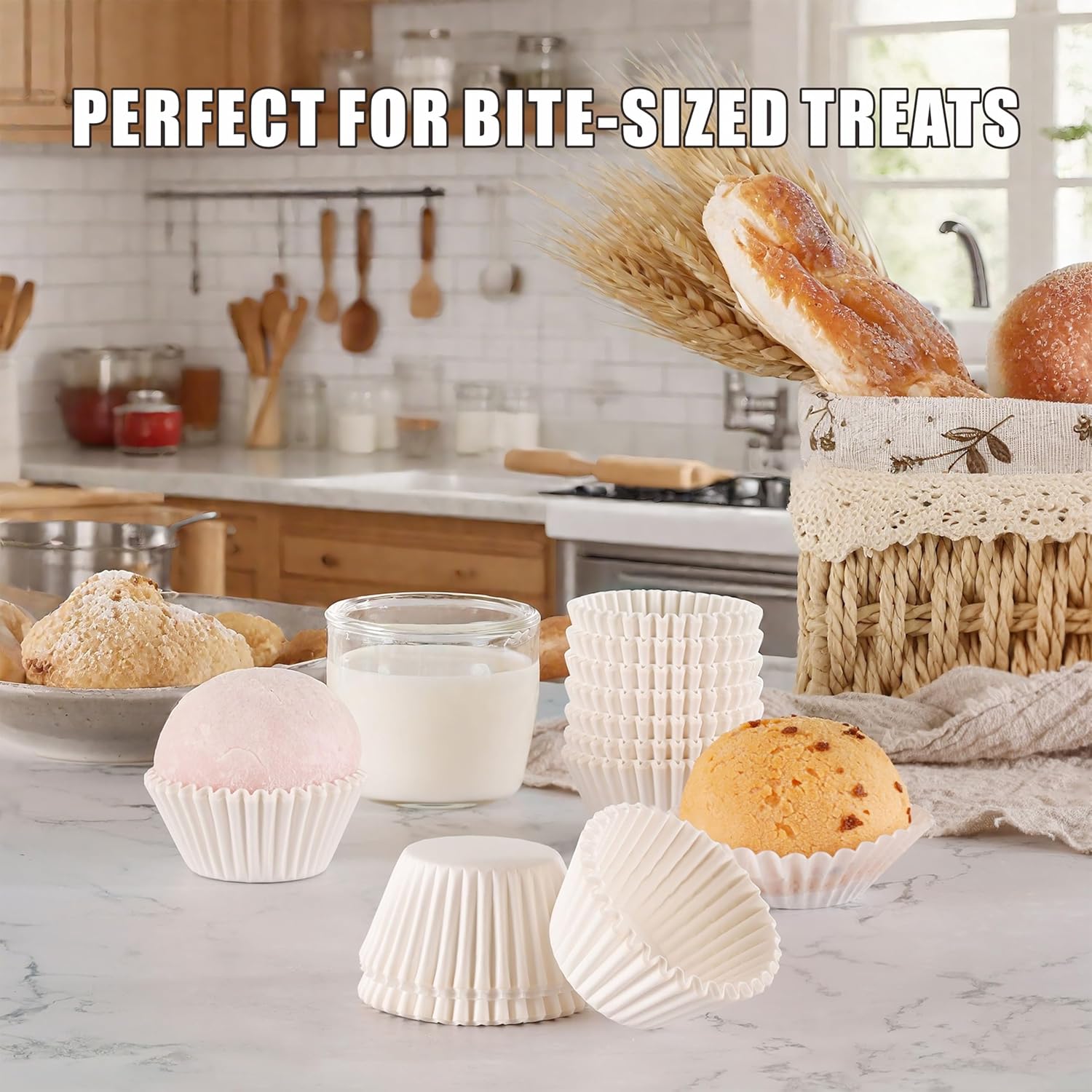 Skiennix White Cupcake Liners - 500 Count Mini Baking Cups | No Smell & Grease-Proof Food Grade Paper