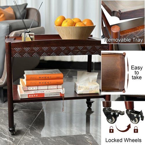 MinBoo Wooden Sofa Side Table with Wheels, 2-Tier Rolling Tea Cart and Coffee Cart, Mobile Storage Cart with Drawers for Kitchen, Bedroom, Office, Home Bar, and Pantry Organization