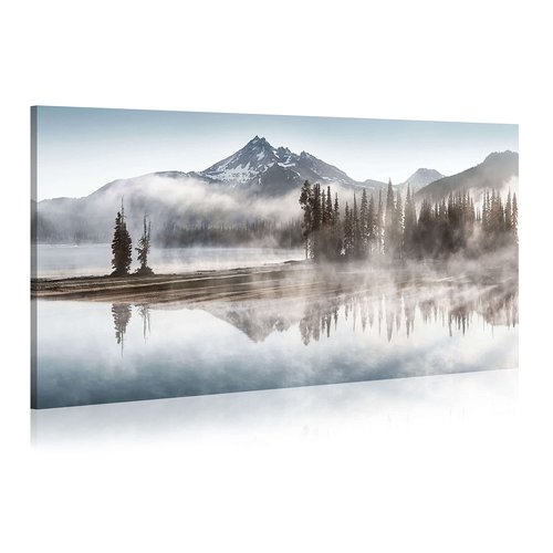 WALLSUP DECOR Forest Mountain Art Canvas Picture - Landscape Nature Shadow Lake Painting Modern Snowy Misty Mountains Wall Print with Pine Tree Artwork for Living Room Office