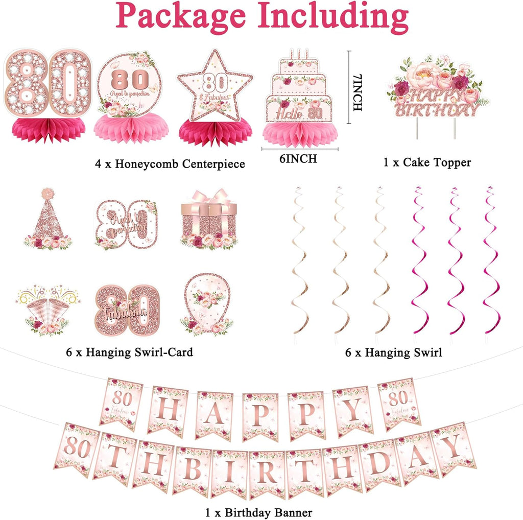 Vlipoeasn 80th Birthday Decorations - Rose Gold Backdrop Banner, Cake Topper & Swirl Hanging Decor