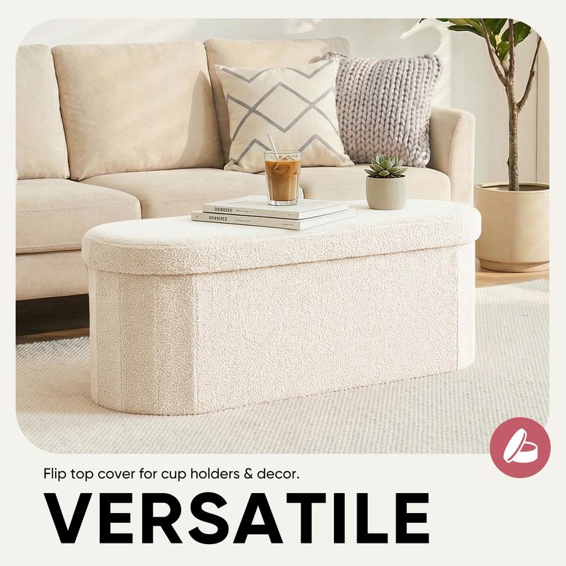CAIPINFUL 43 Inches Oval Ottoman with Storage, Boucle Sherpa Storage Ottoman Bench, Folding Foot Rest Chest for Bedroom Living Room